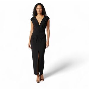 Norma Kamali V-Neck Shirred Ruched Black Maxi Gown LBD Size L